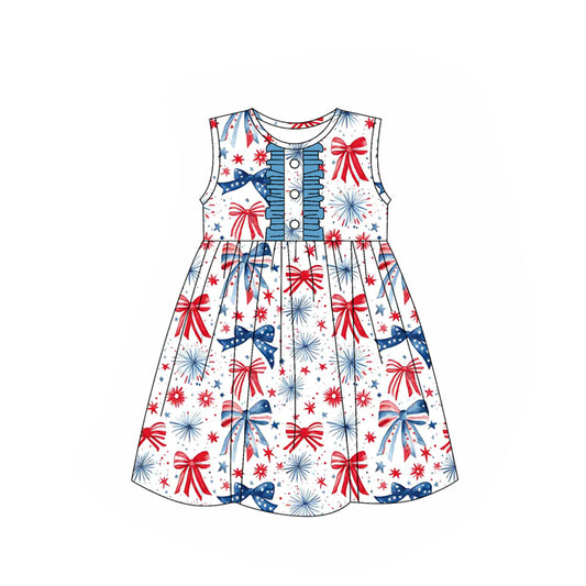 preorder GSD2186 4th of July Red Blue Star Bows fireworks White Ruffle Sleeveless Dress Girls Boutique clothes  202503