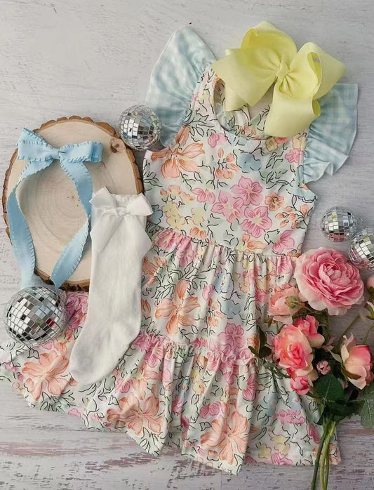 preorder GSD2187 Orange Pink Flower blue plaid Fly sleeve dress Girls Boutique clothes 202503