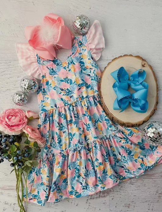 preorder GSD2188 Blue Green Pink Flower Fly sleeve dress Girls Boutique clothes 202503