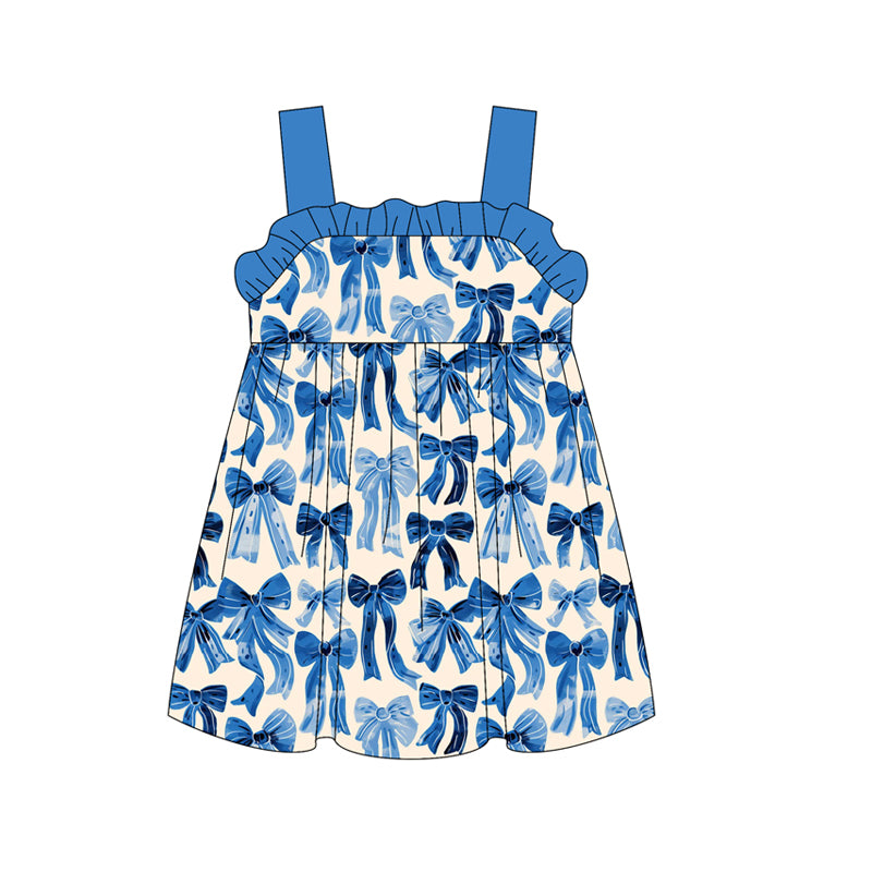 preorder GSD2191 Blue bows Ruffled sleeveless dress Girls Boutique clothes 202503