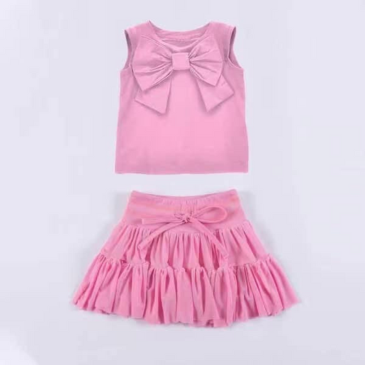 preorder GSD2192 Pure Cotton Hot pink Bow sleeveless Top Pleated skirt set girls boutique outfit 202503