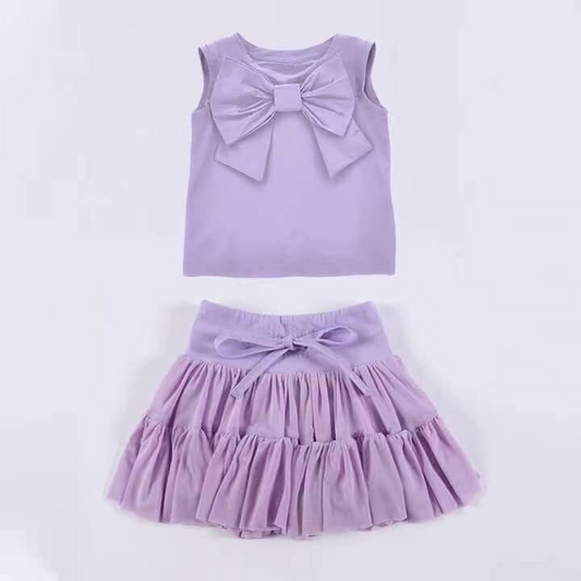 preorder GSD2193 Pure Cotton Purple Bow sleeveless Top Pleated skirt set girls boutique outfit 202503