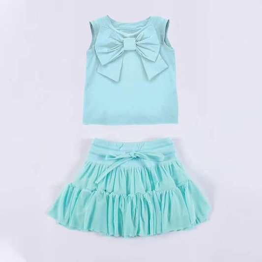 preorder GSD2194 Pure Cotton Mint Green Bow sleeveless Top Pleated skirt set girls boutique outfit 202503