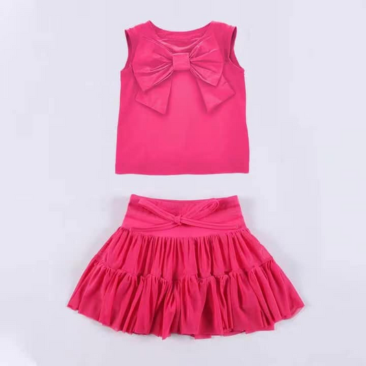 preorder GSD2195 Pure Cotton Rose Red Bow sleeveless Top Pleated skirt set girls boutique outfit 202503