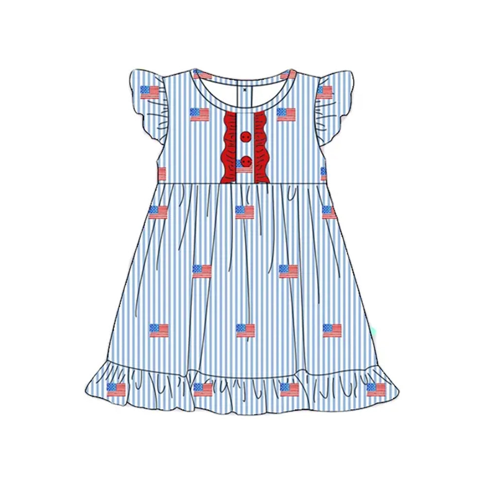 preorder GSD2196 4th of July Blue Striped Red Ruffled Button Flag Fly sleeve dress Girls Boutique clothes 202503
