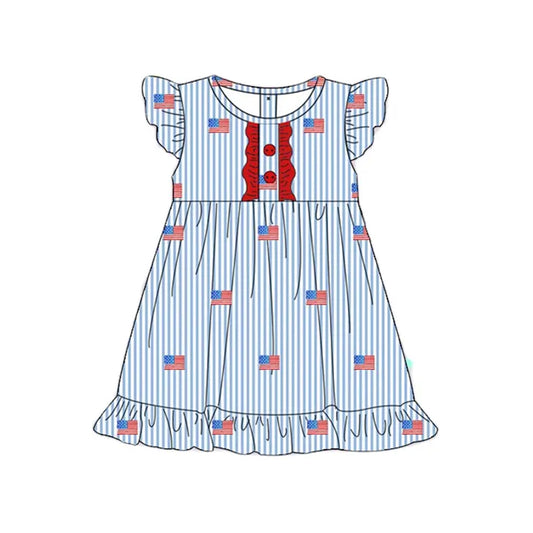 preorder GSD2196 4th of July Blue Striped Red Ruffled Button Flag Fly sleeve dress Girls Boutique clothes  202503