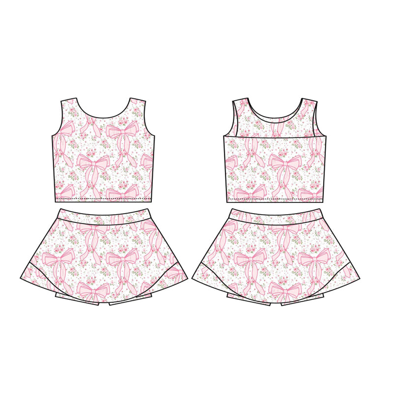 preorder GSD2197 Yoga Outfits Pink Flower Bow sleeveless Top skirt shorts set girls boutique outfit 202503