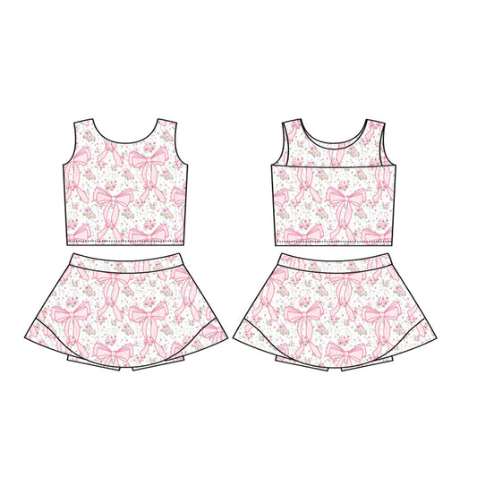 preorder GSD2197 Yoga Outfits Pink Flower Bow sleeveless Top skirt shorts set girls boutique outfit 202503