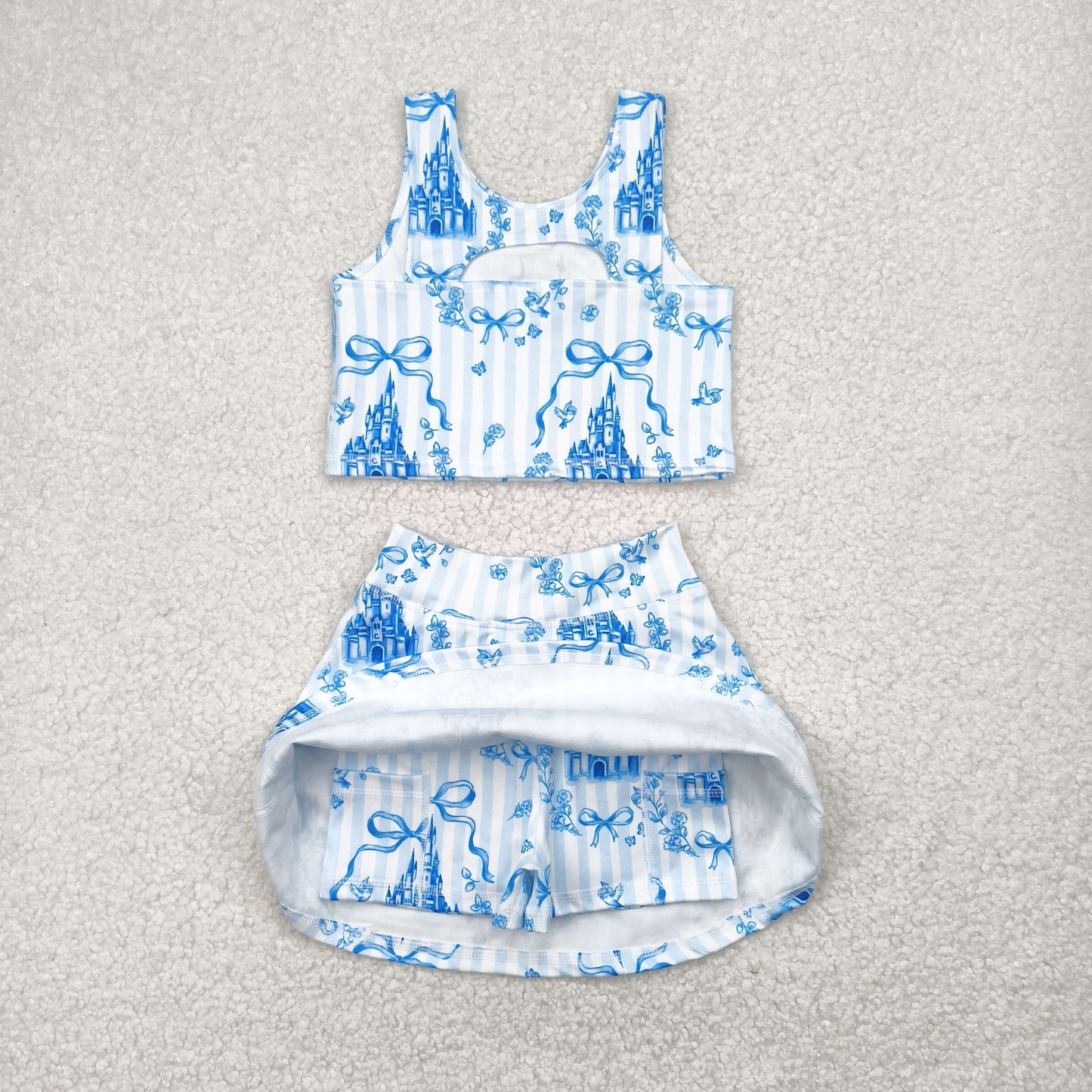 GSD2198 Yoga Outfits Blue Princess Castle sleeveless Top skirt shorts set girls boutique outfit 202504 RTS