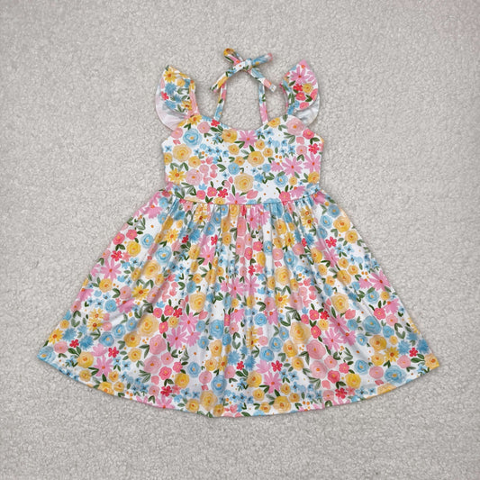 preorder GSD2207 Yellow Pink Flower Ruffle Fly Sleeve Dress Girls Boutique clothes 202503