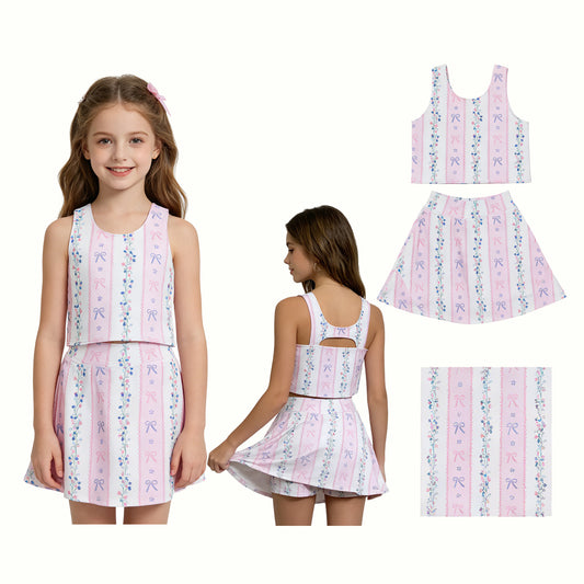 GSD2216 Pink Flower Bow Striped Sleeveless Top Skirts Shorts 2 Pieces Yoga Girls Sets 202605 RTS