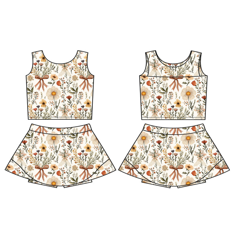 preorder GSD2217 Yoga outfit Beige Yellow Flower Bow Sleeveless Top Skirts Shorts 2 pieces set Girls Boutique Outfit 202503
