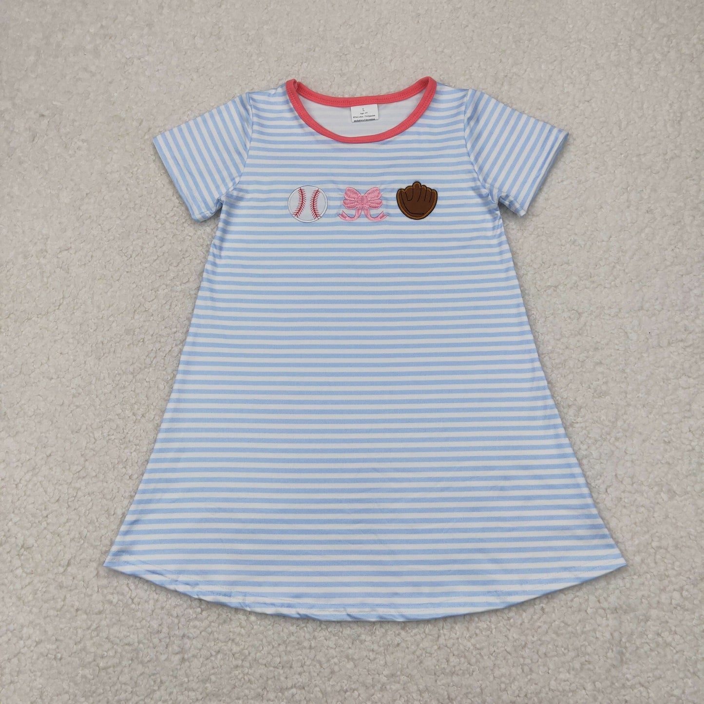 GSD2220 Baseball Bow Blue Striped Short Sleeve Dress Girls Boutique clothes 202504 RTS