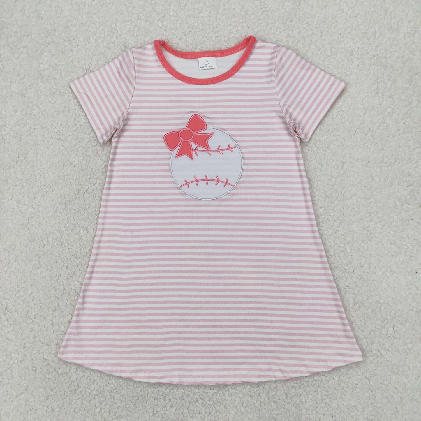 GSD2221 Embroidered Baseball Bow Pink Striped Short Sleeve Dress Girls Boutique Clothes 202504 RTS