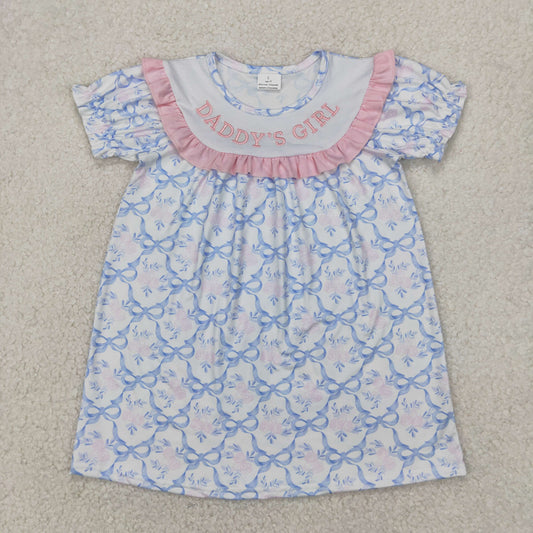GSD2226 Embroidered Daddy's Girl Pink Blue Bows Ruffle Short sleeve Dress Girls Boutique Clothes 202504 RTS