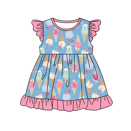 preorder GSD2231 Blue Pink Ruffle Ice Cream Fly Sleeve Dress Girls Boutique Clothes 202503