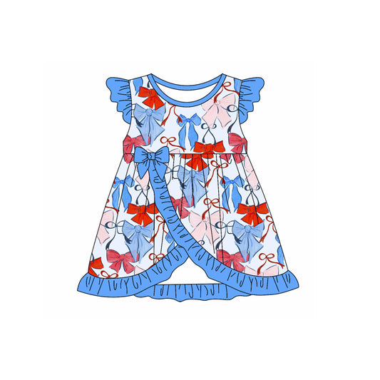preorder GSD2233 Blue Red Bows 4th of July Fly Sleeve Dress Girls Boutique Clothes  202503