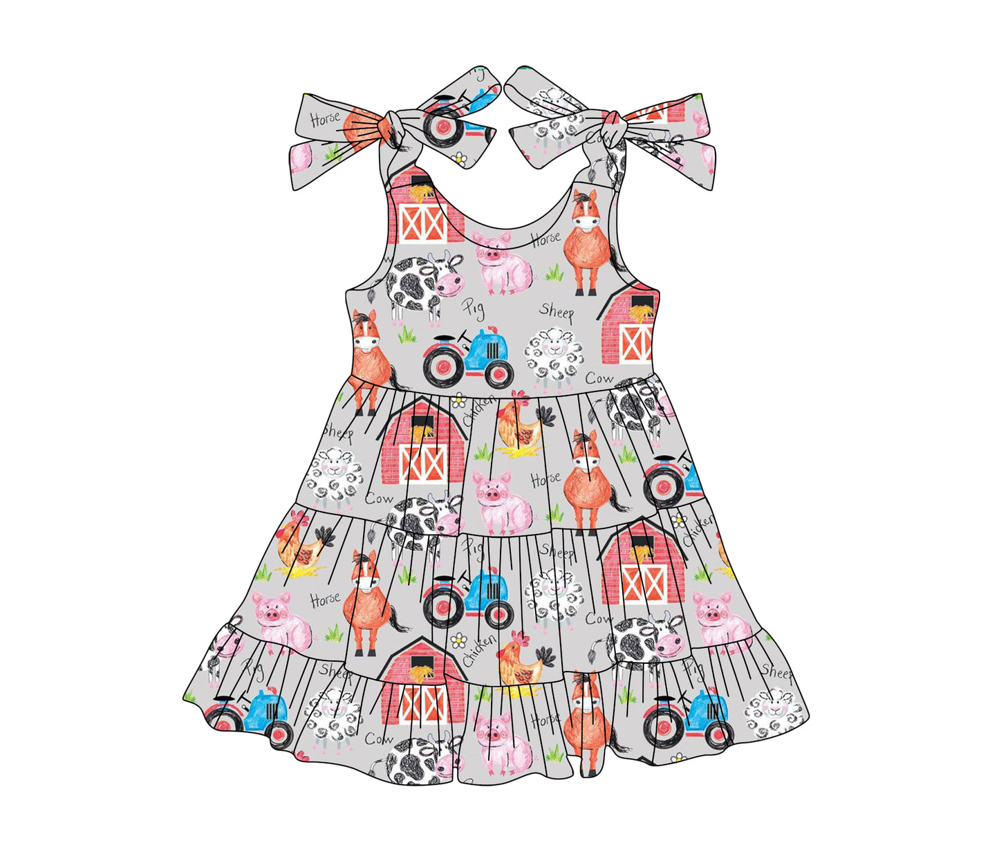 preorder GSD2235 Farm Truck Animal Grey Sleeveless Dress Girls Boutique Clothes 202503