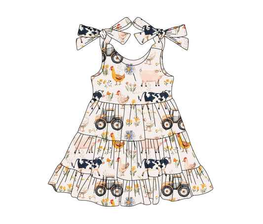preorder GSD2237 Farm Truck Cow Chicken Beige Sleeveless Dress Girls Boutique Clothes 202503