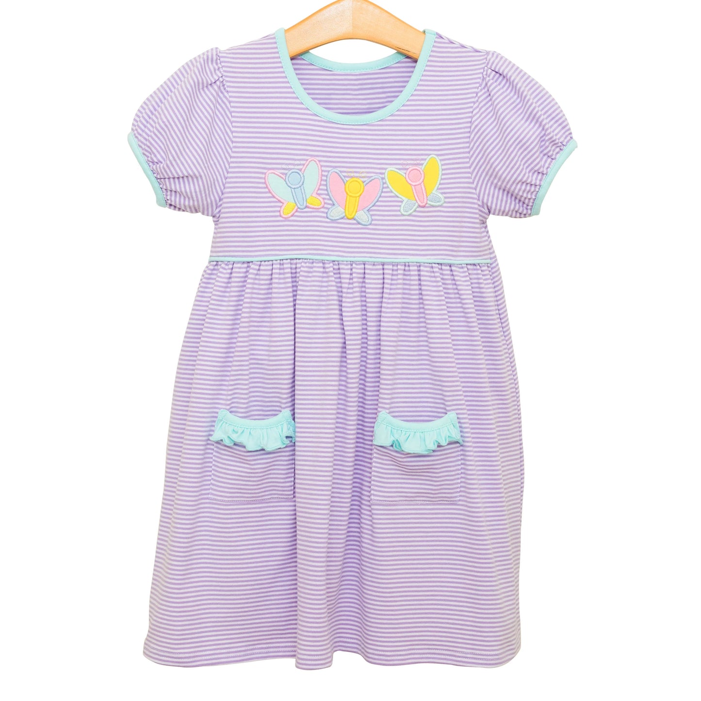 preorder GSD2239 Purple Striped Bows Pocket Short Sleeve Dress Girls Boutique Clothes 202503