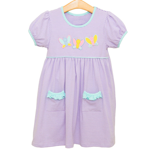preorder GSD2239 Purple Striped Bows Pocket Short Sleeve Dress Girls Boutique Clothes 202503