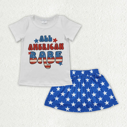 GSD2244 4th of July American Babe Star Letter White Blue Short sleeve Top Skirts Shorts Girls boutique sets 202503 RTS