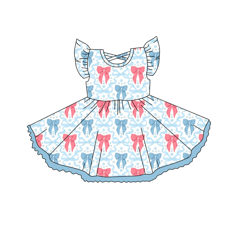 preorder GSD2255 4th of July Blue Red Star Bows Ruffle Fly Sleeve Dress Girls Boutique Clothes 202503