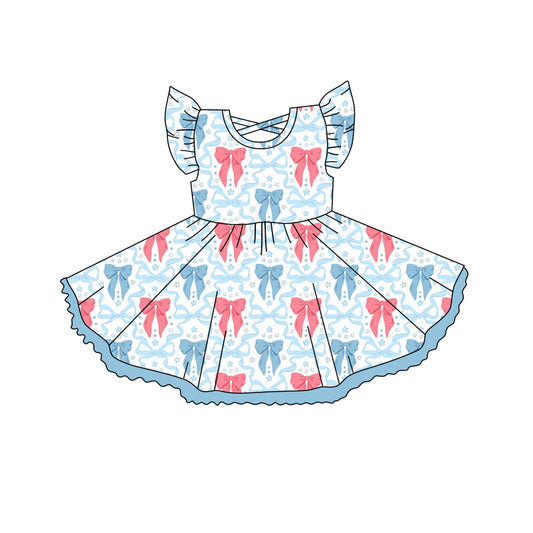 preorder GSD2255 4th of July Blue Red Star Bows Ruffle Fly Sleeve Dress Girls Boutique Clothes  202503