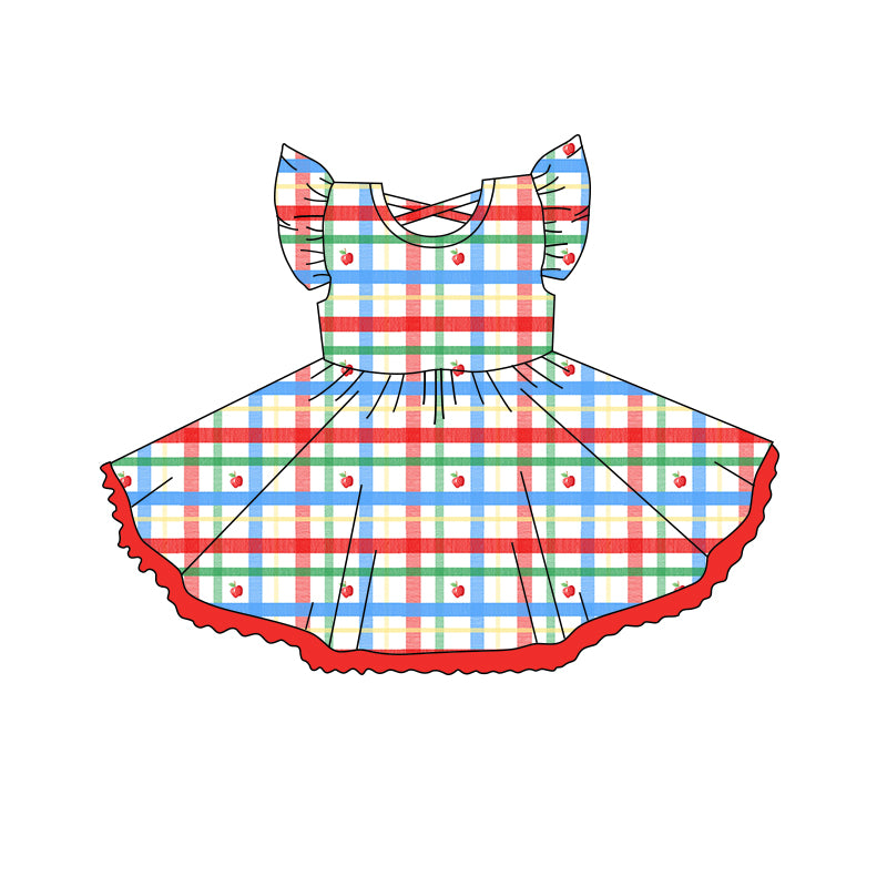 preorder GSD2257 Red Green Plaid Apple Ruffle Fly Sleeve Dress Girls Boutique Clothes 202503