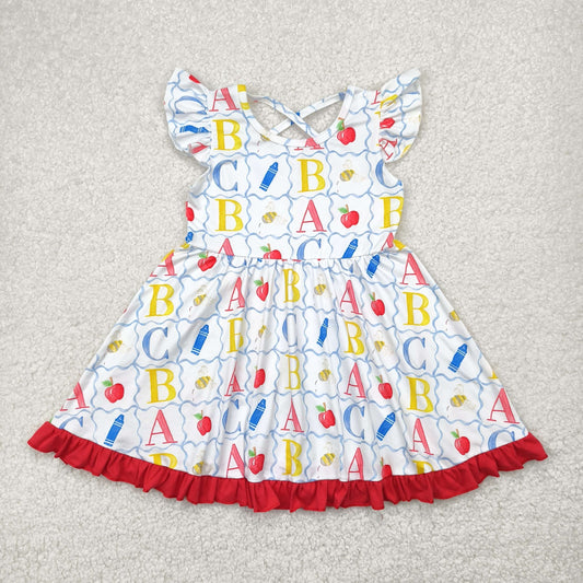 GSD2258 Back to school Red Yellow Blue Letter Apple Ruffle Fly Sleeve Dress Girls Boutique Clothes 202504 RTS