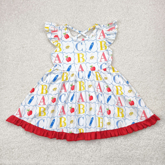 GSD2258 Back to school Red Yellow Blue Letter Apple Ruffle Fly Sleeve Dress Girls Boutique Clothes 202504 RTS