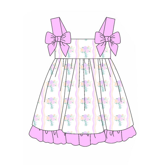 preorder GSD2265 Rose Red Flower Striped Bows Ruffle Sleeveless Dress Girls Boutique Clothes 202503