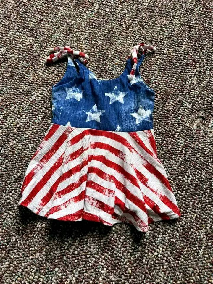 preorder GSD2269 4th of July USA Red Blue Star Striped Ruffle Sleeveless Dress Girls Boutique Clothes 202503