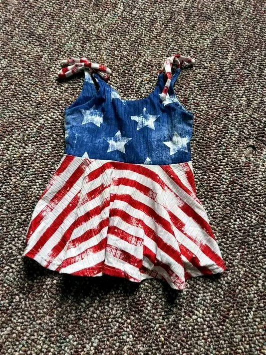 preorder GSD2269 4th of July USA Red Blue Star Striped Ruffle Sleeveless Dress Girls Boutique Clothes  202503