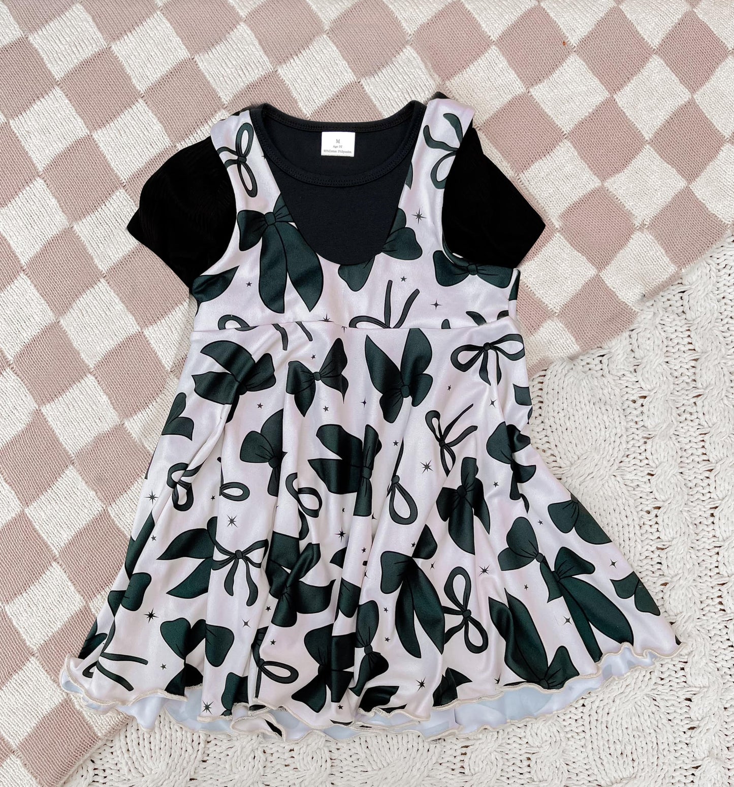 Preorder GSD2272 pure black short sleeve bows dress Girls sets 202504