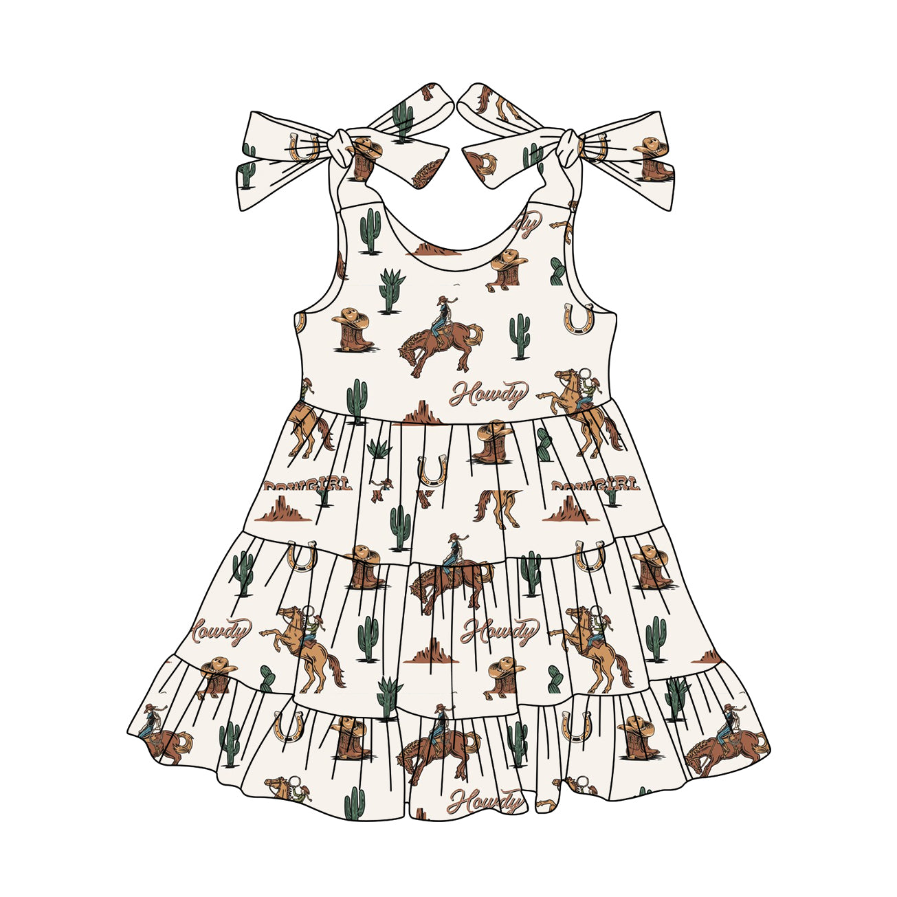 preorder GSD2274 Horse Cactus Rodeo Fashion Beige Ruffle Sleeveless Dress Girls Boutique Outfits 202504