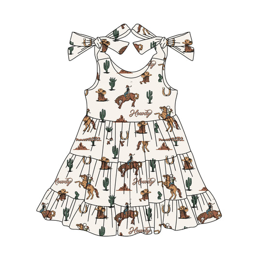 preorder GSD2274 Horse Cactus Rodeo Fashion Beige Ruffle Sleeveless Dress Girls Boutique Outfits 202504