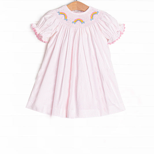 preorder GSD2277 Rainbow Pink Dot Short Sleeve Dress Smocked Girls Boutique Outfits 202504