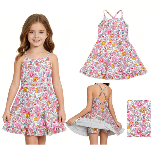 New GSD2278 Pink Flower Ruffle Sleeveless Halter Yoga Dresses for Girls 202605 RTS