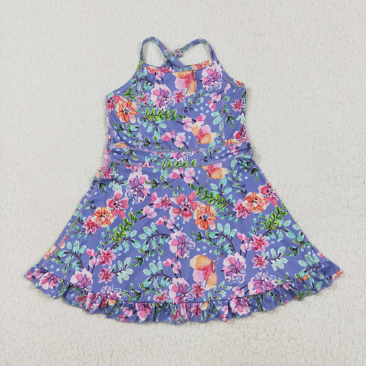 GSD2279 Flower Leaf Blue Purple Ruffle Sleeveless Halter Yoga Dress Girls Boutique Clothes 202505 RTS