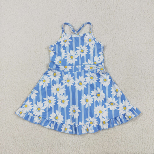 GSD2283 White Flower Blue Stripe Ruffle Sleeveless Halter Yoga Dress Girls Boutique Clothes 202505 RTS