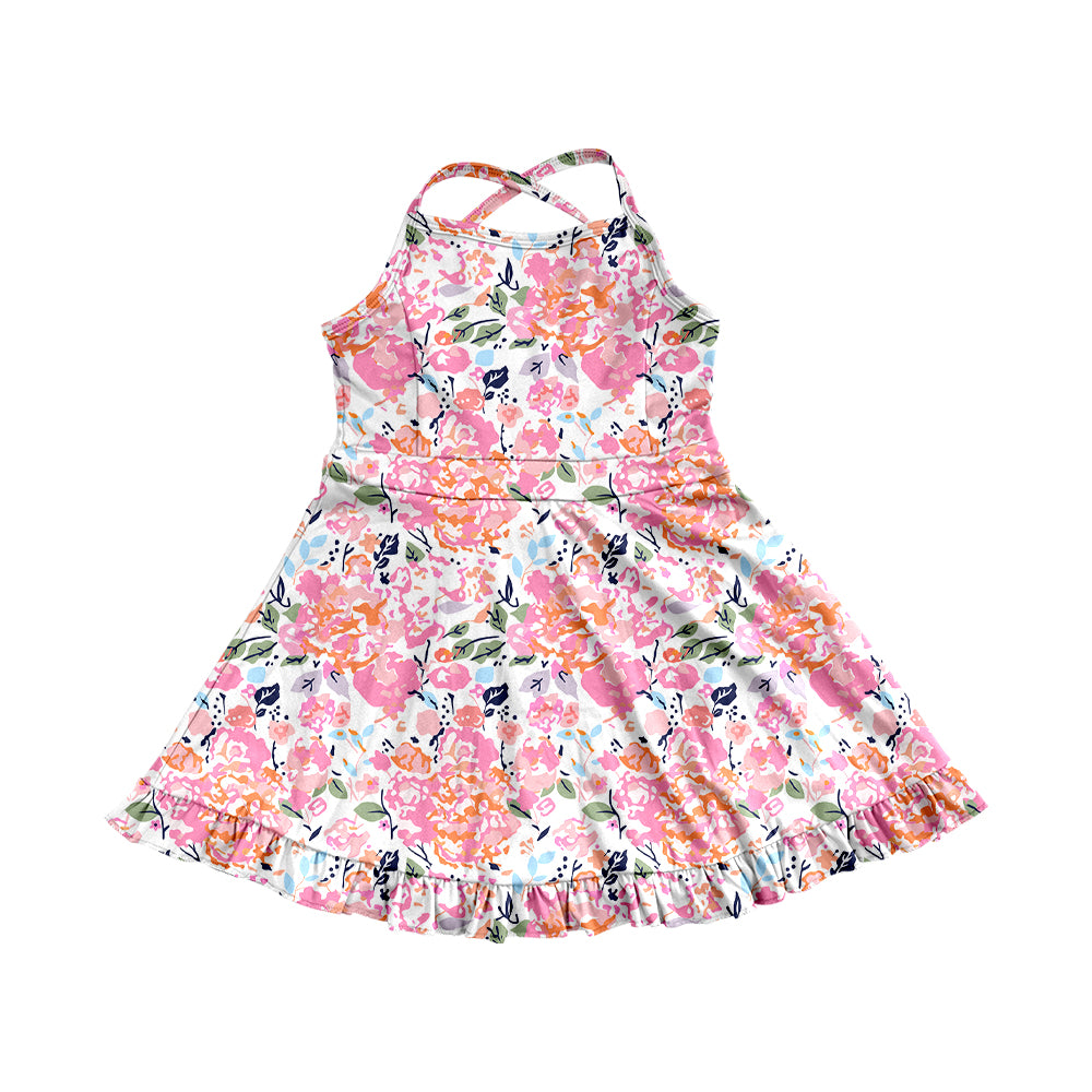 Preorder GSD2286 Pink Flower Ruffle Sleeveless White Halter Yoga Dress Girls Boutique Clothes 202503