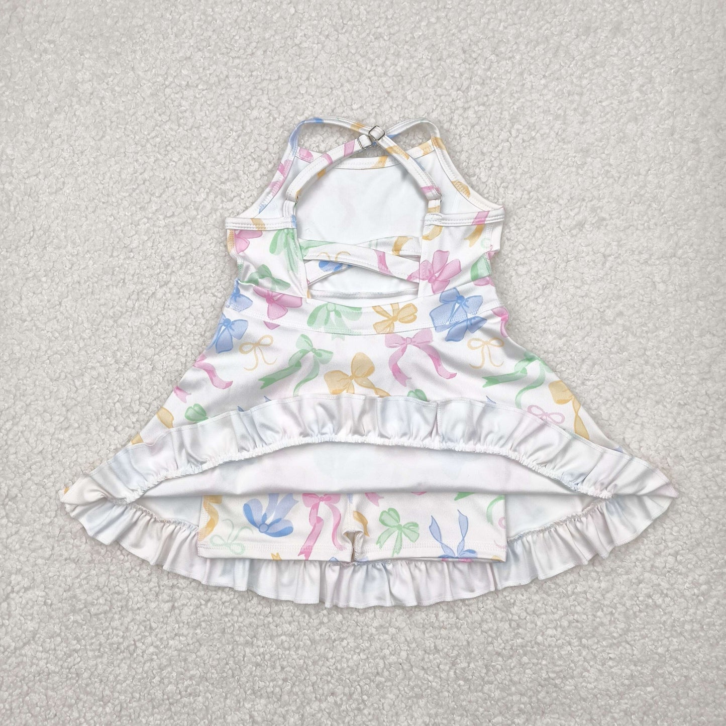 GSD2289 Colored Bows Ruffle White Sleeveless Halter Yoga Dress Girls Boutique Clothes 202504 RTS