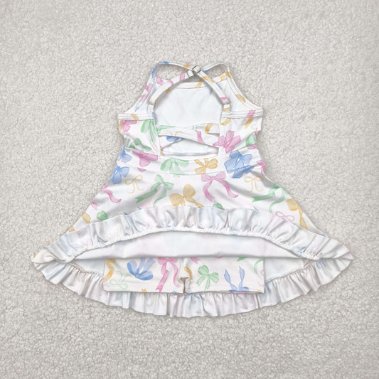 GSD2289 Colored Bows Ruffle White Sleeveless Halter Yoga Dress Girls Boutique Clothes 202504 RTS