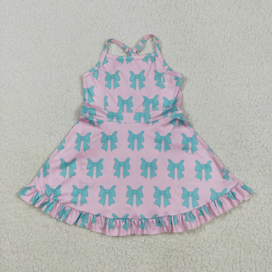 GSD2293 Blue Green Bows Pink Ruffle Sleeveless Halter Yoga Dress Girls Boutique Clothes 202505