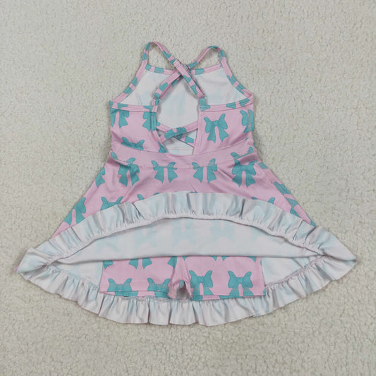 GSD2293 Blue Green Bows Pink Ruffle Sleeveless Halter Yoga Dress Girls Boutique Clothes 202505