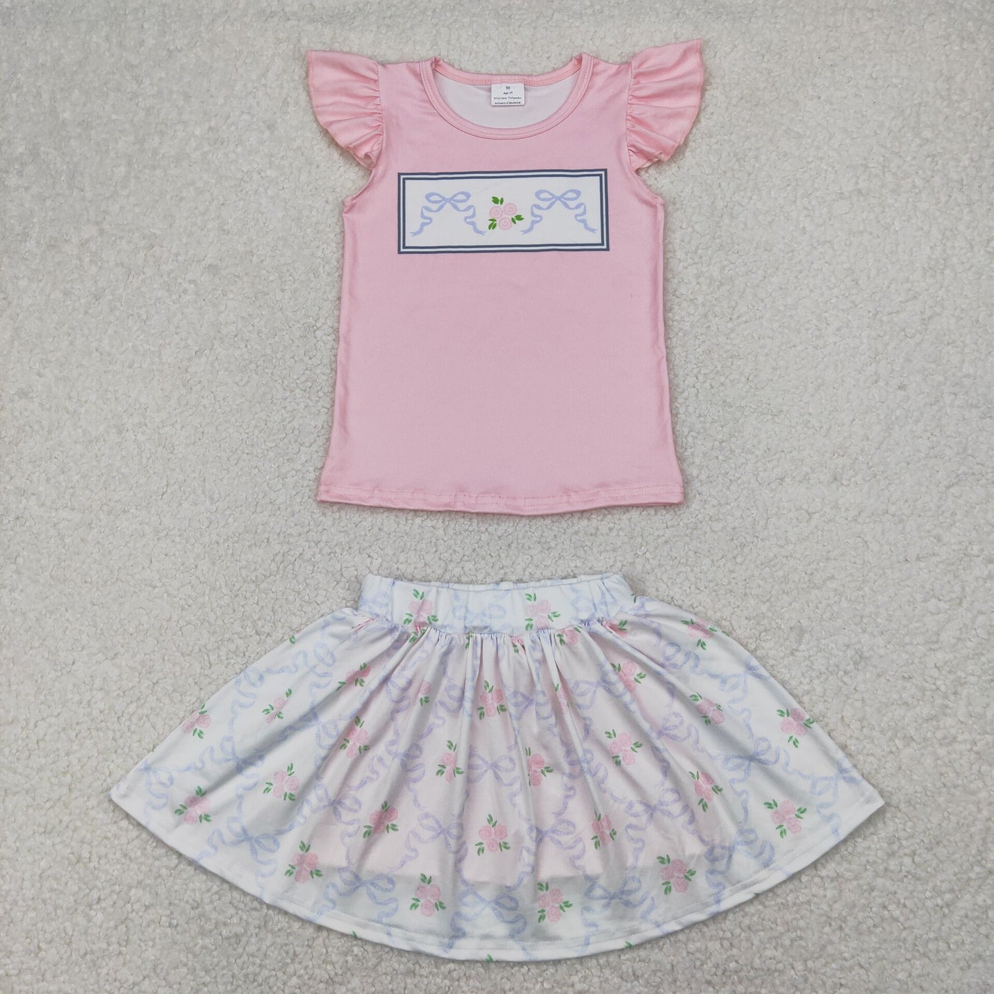 GSD2298 Bow Pink Flower Fly Sleeve Top Skirts Shorts Sets Girls Boutique Outfits 202504 RTS