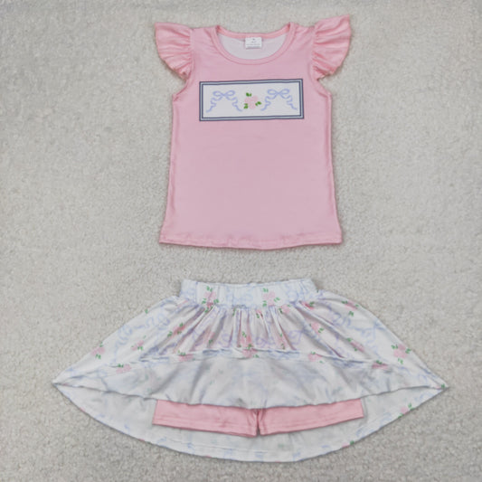 GSD2298 Bow Pink Flower Fly Sleeve Top Skirts Shorts Sets Girls Boutique Outfits 202504 RTS