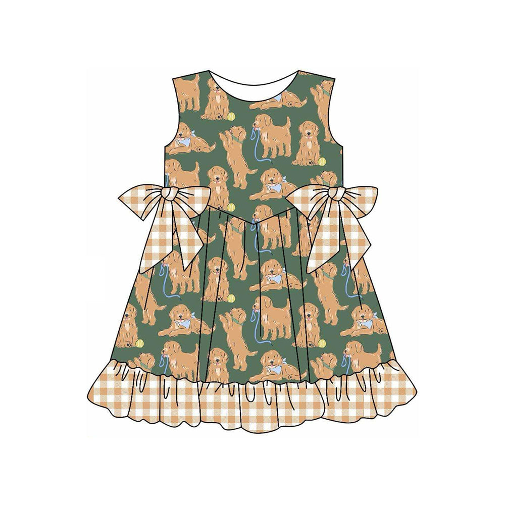 preorder GSD2299 Puppy Brown Green Plaid Ruffle Sleeveless Dress Girls Boutique Outfits 202503