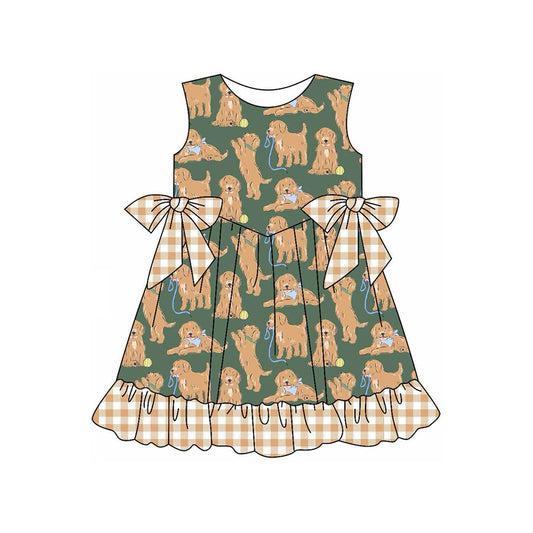preorder GSD2299 Puppy Brown Green Plaid Ruffle Sleeveless Dress Girls Boutique Outfits 202503